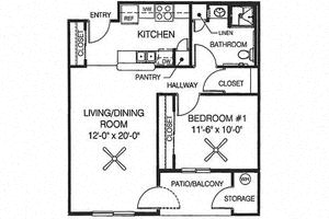 Floor plan for 1 bed, 1 bath, 656 sqft